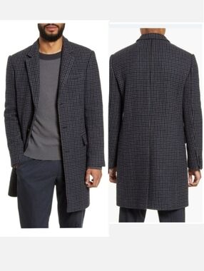 Club Monaco Slim-Fit Checked Houndstooth Wool-Blend Overcoat in Blue Size 42